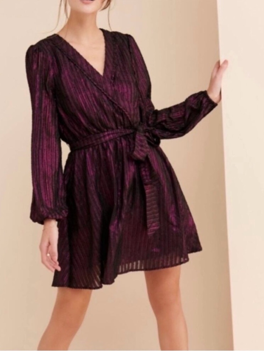 Modcloth Purple Metallic Wrap Dress with Tie Waist